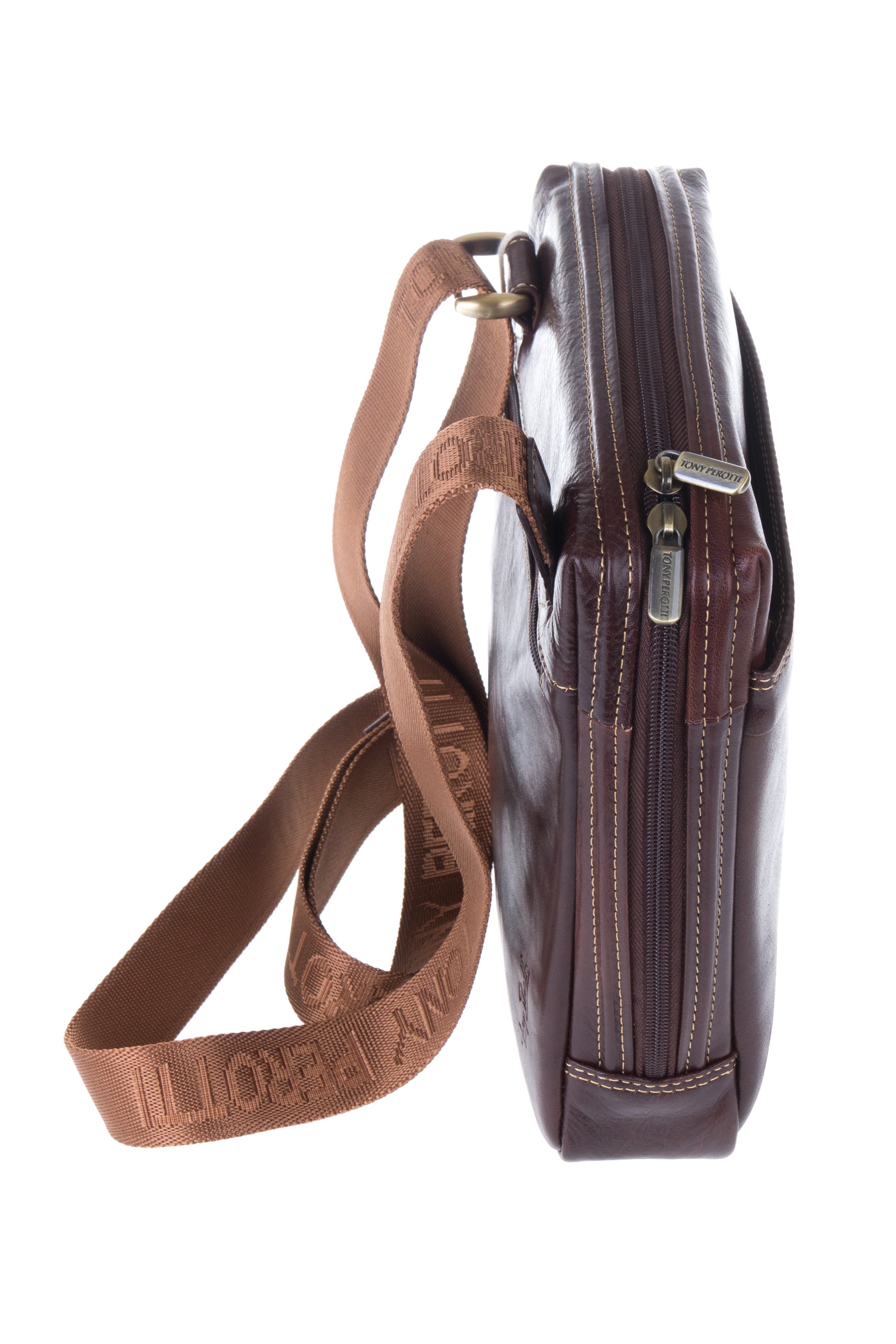 Side profile with two-slider zip and engraved Tony Perotti pullers — Italico 6001 moro