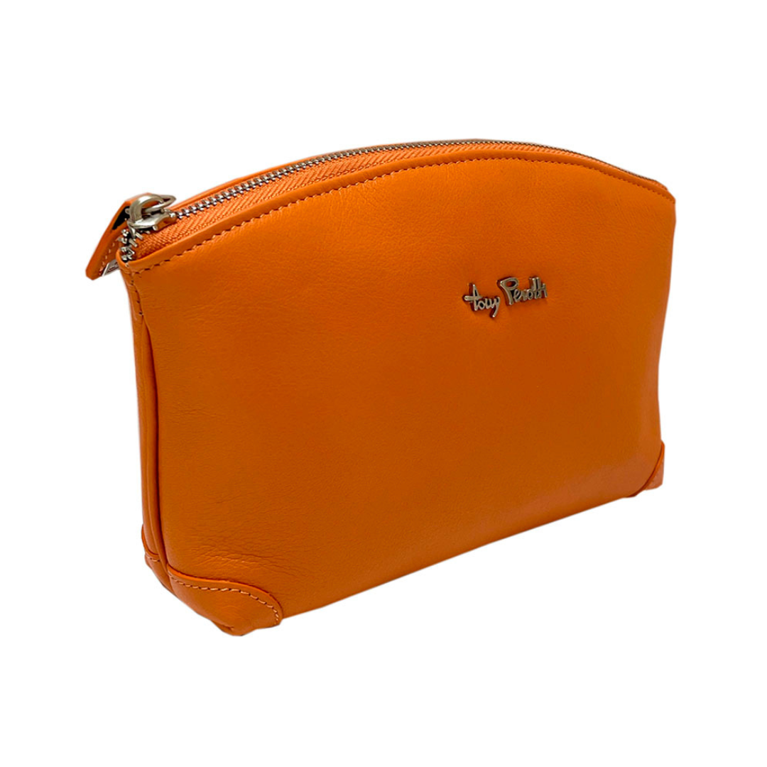 Tony Perotti Contatto 1779 arancio women's orange leather cosmetic bag — angled front view
