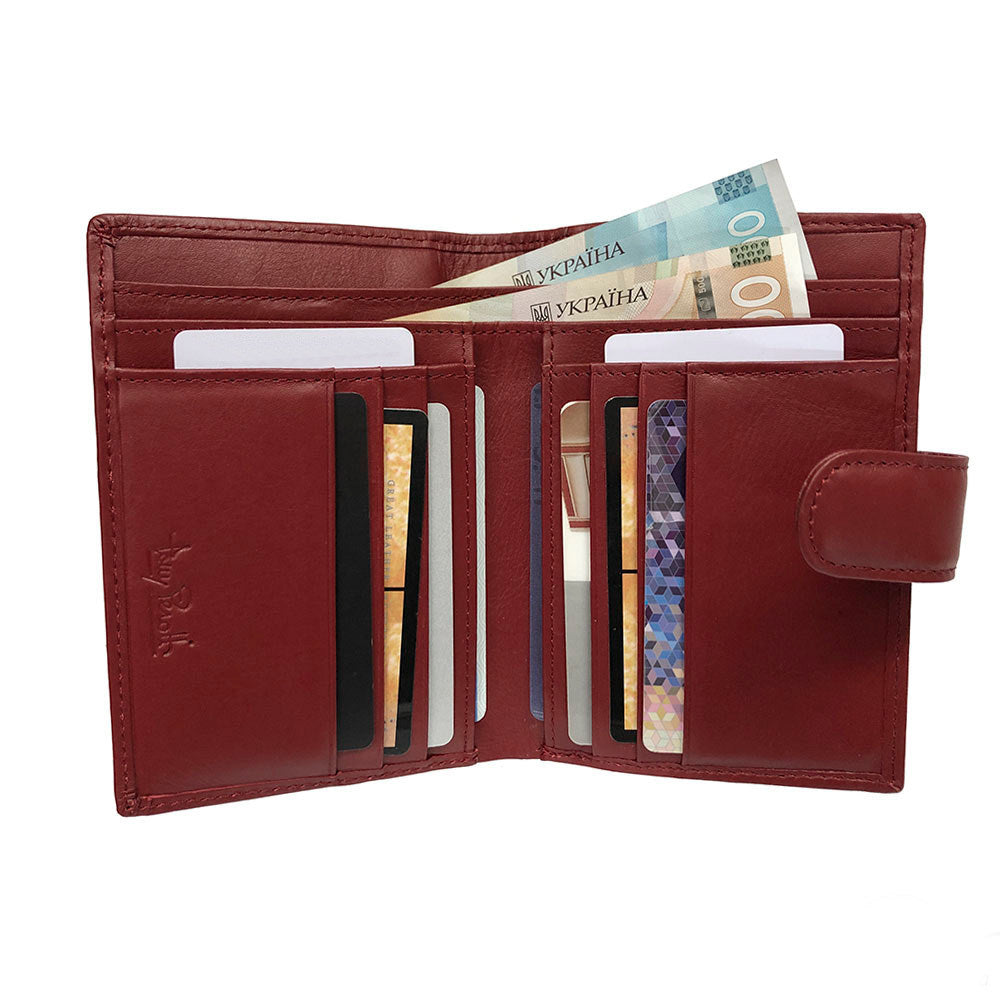 Open red bifold wallet with two deep banknote compartments and cards