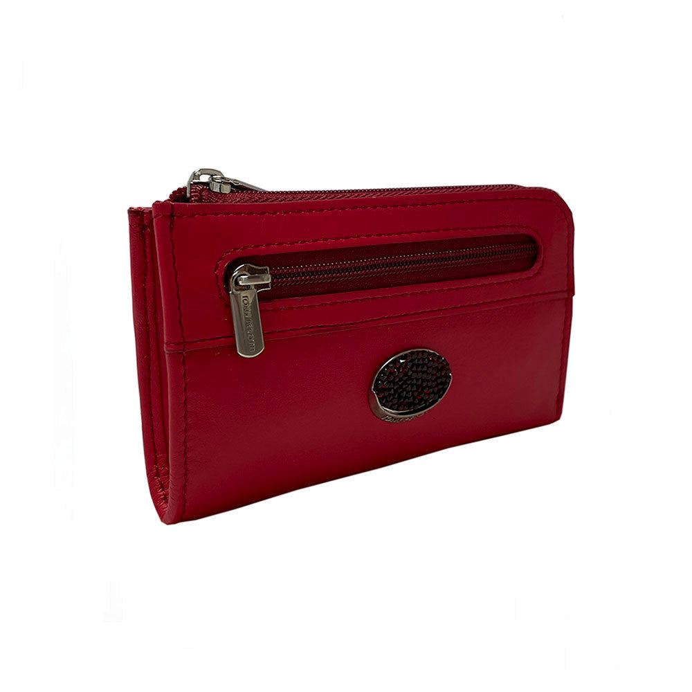 Tony Perotti Swarovski 1941L marlboro — front view showing the zip pocket, the branded zip pull and the oval plaque set with dark red Swarovski crystals