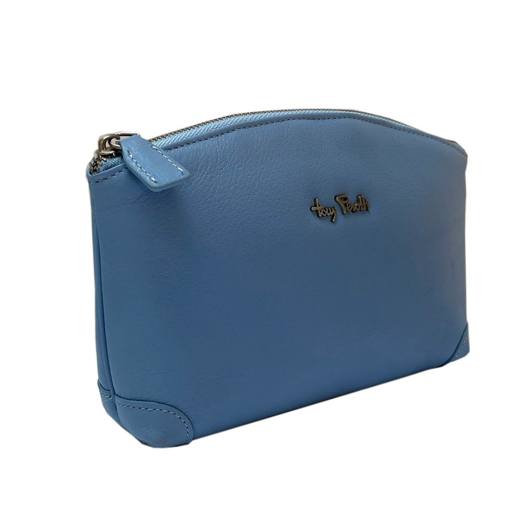 Tony Perotti Contatto 1779 baby women's light blue leather cosmetic bag — angled front view