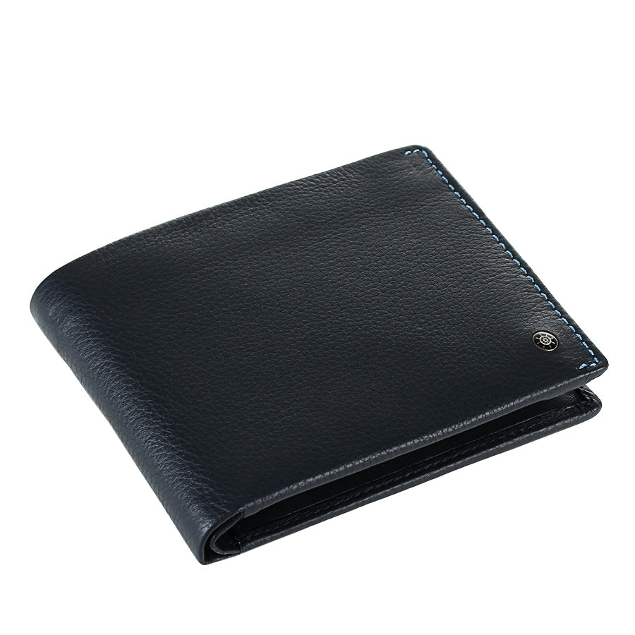Tony Perotti Timone 11013G navy leather bifold wallet lying closed, angled top view