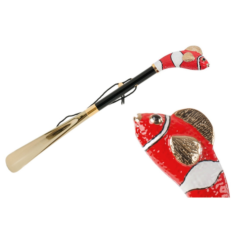 Pasotti red fish shoehorn, full view with a close-up of the fish handle — CS K13ro