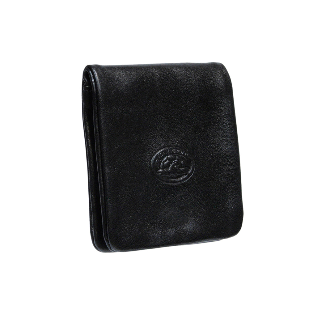 Black leather coin pouch closed, angled side view — Tony Perotti Italico 1636 nero