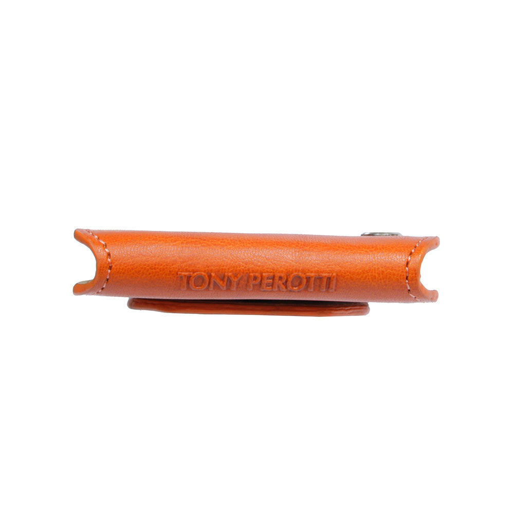 Tony Perotti Nevada KR-199 arancio — seen edge-on, showing how flat it folds and the «TONY PEROTTI» embossing