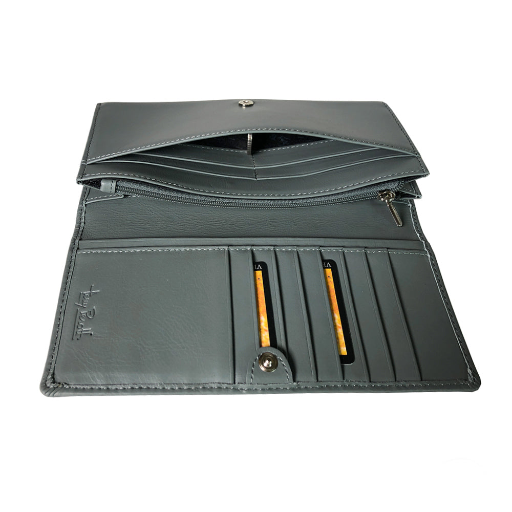 Open gray leather Tony Perotti wallet with card slots on a white background