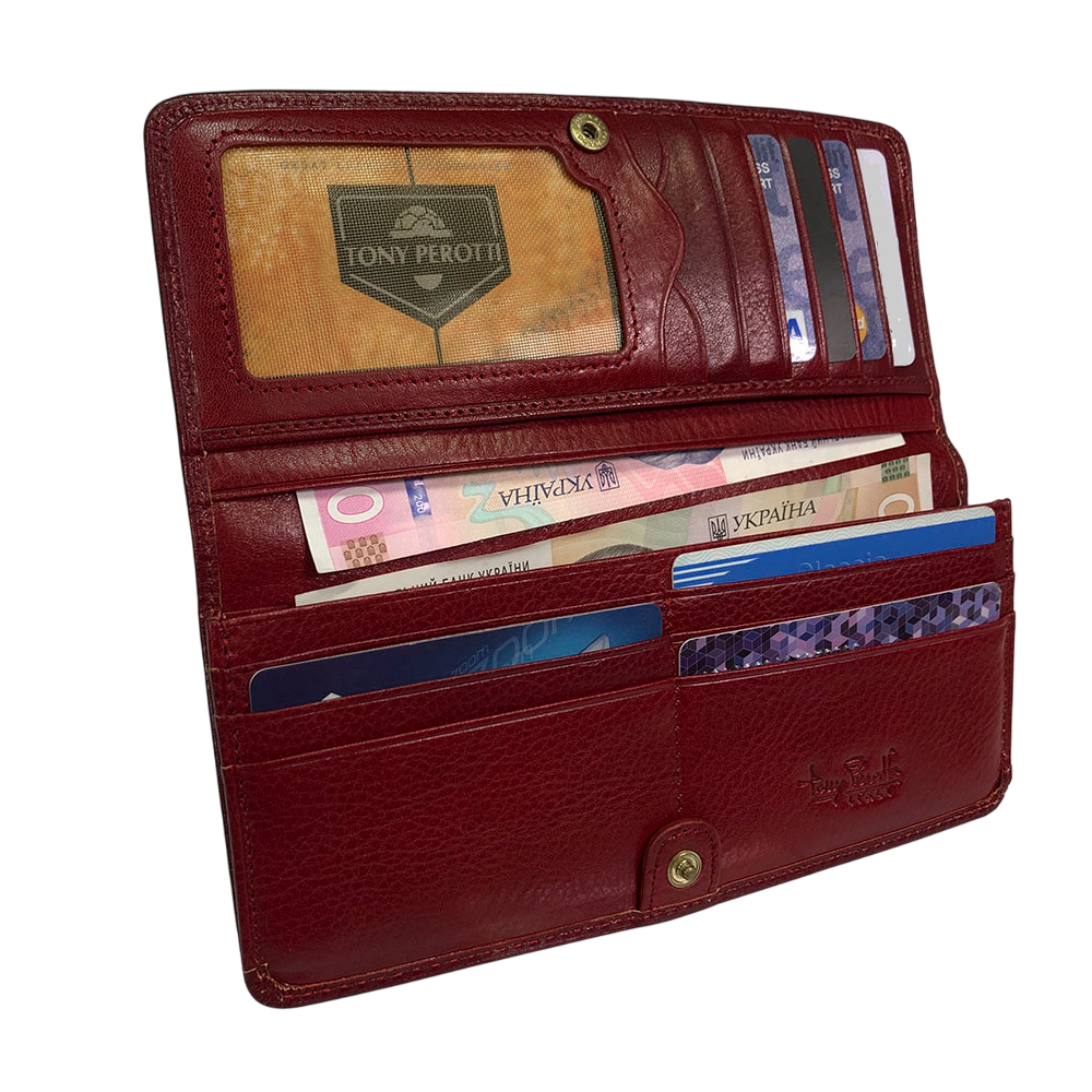 Tony Perotti red leather wallet — angled open view with interior compartments