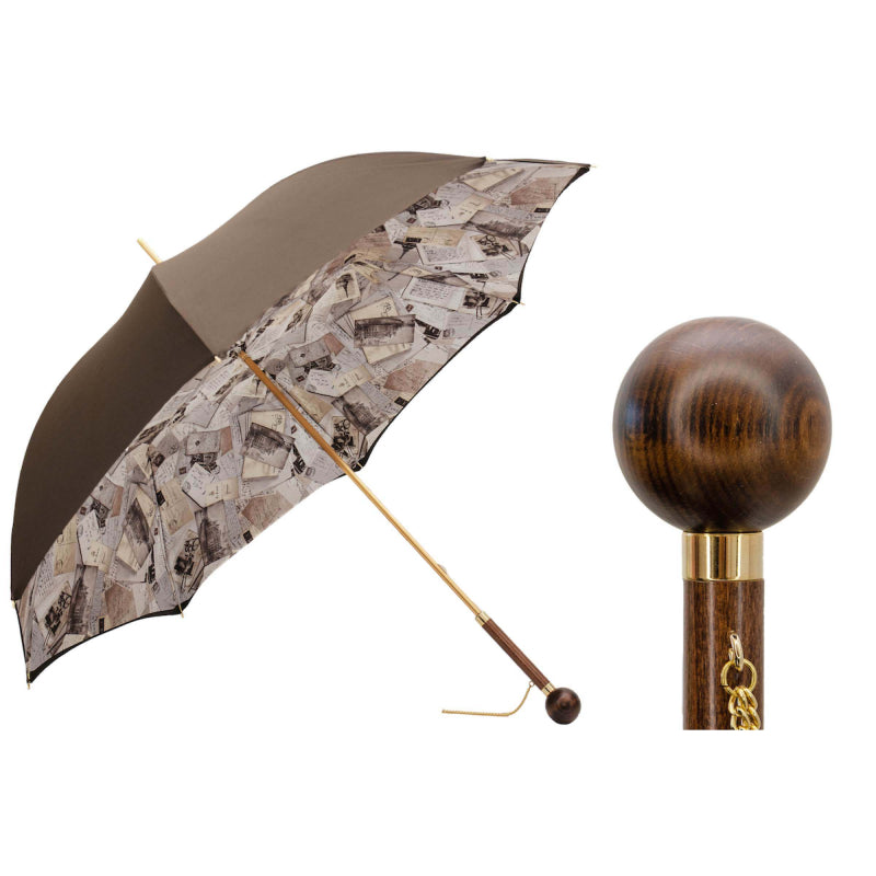 Pasotti women's brown umbrella with vintage postcard print and wooden handle, open, with a close-up of the ball handle — 189 5A361-4 G1