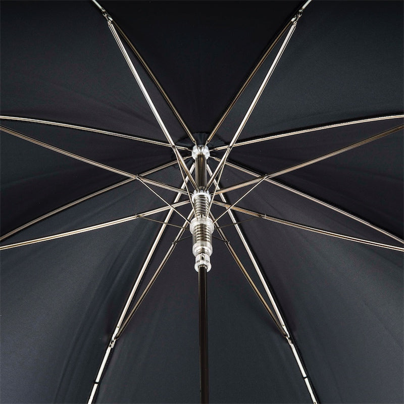 Underside of the black canopy with eight ribs and silver-tone frame