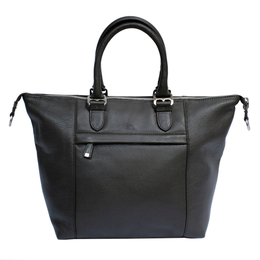 Tony Perotti Contatto 9217-31 moro dark brown leather handbag in the open trapeze setting — front zip pocket and the embossed Tony Perotti emblem between the handle tabs