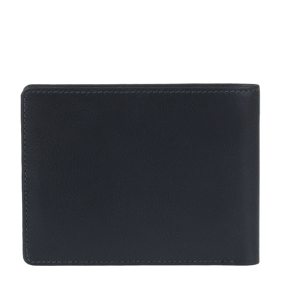 Back of the navy Tony Perotti Cortina 5014 wallet — a plain smooth leather panel
