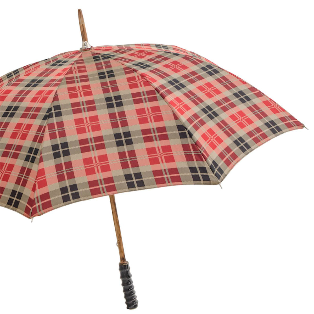 Open red tartan umbrella from the side with natural wooden shaft