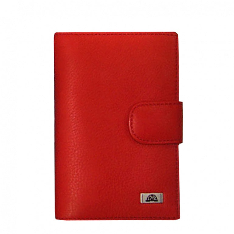 Red leather car document holder Tony Perotti Contatto 1423 rosso — front with the metal turtle emblem plate and the closure tab