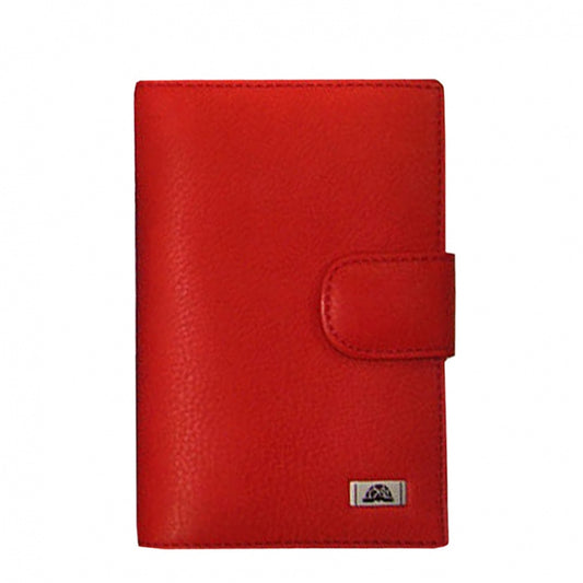 Red leather car document holder Tony Perotti Contatto 1423 rosso — front with the metal turtle emblem plate and the closure tab