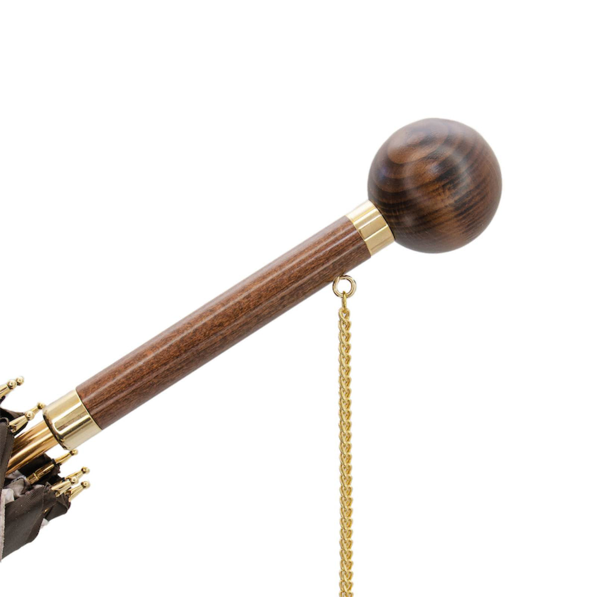 Straight wooden handle with round ball top, gold-tone collar and chain