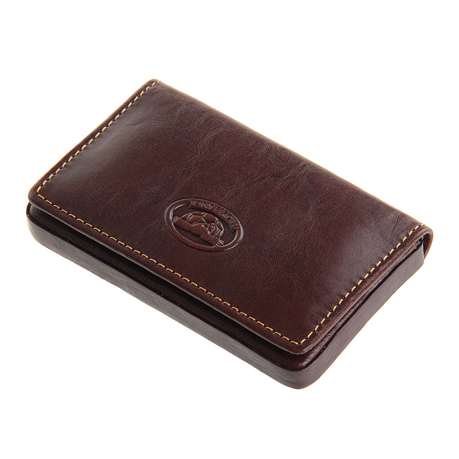 Dark brown leather business card holder closed, angled view — Tony Perotti Italico 2678 moro