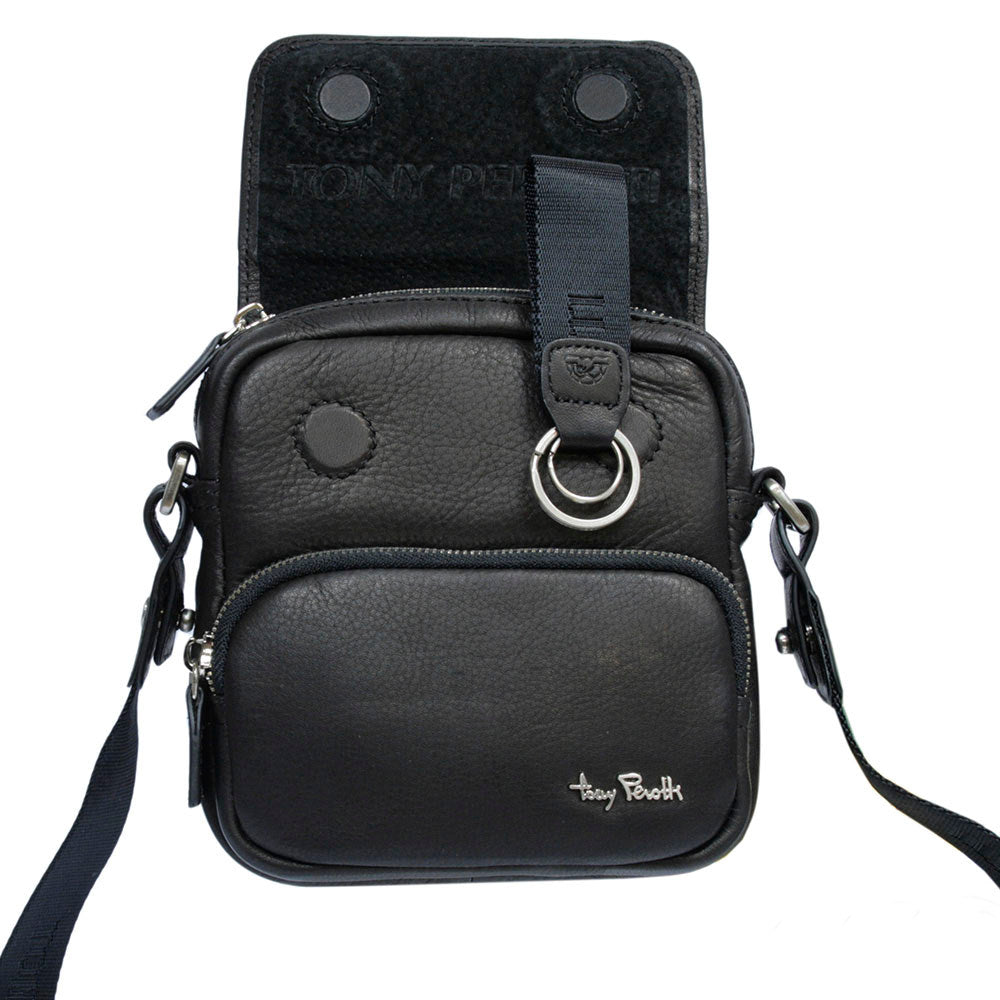 Contatto 9150-14 nero with the flap raised — suede lining embossed TONY PEROTTI and the branded webbing pull with its split ring