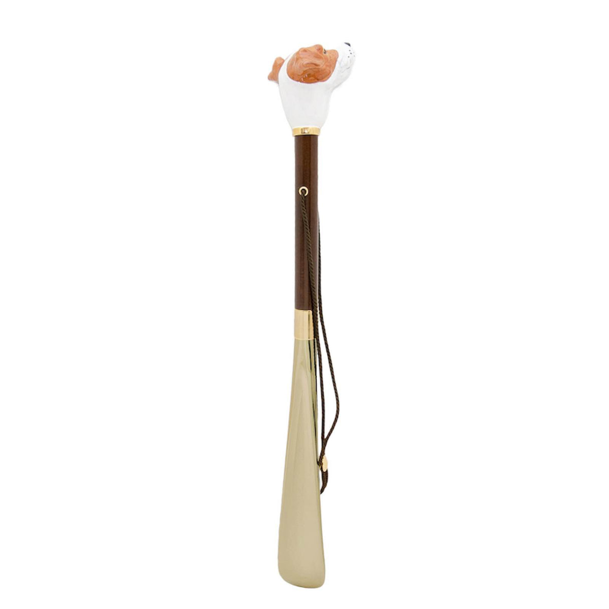 Jack Russell shoehorn standing upright: brown wooden shaft, hanging cord and gold-tone blade