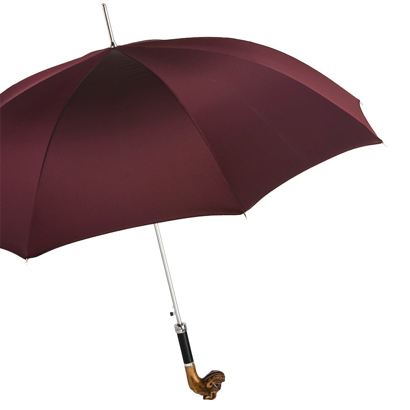 Open burgundy umbrella from the side with silver-tone shaft and bulldog handle