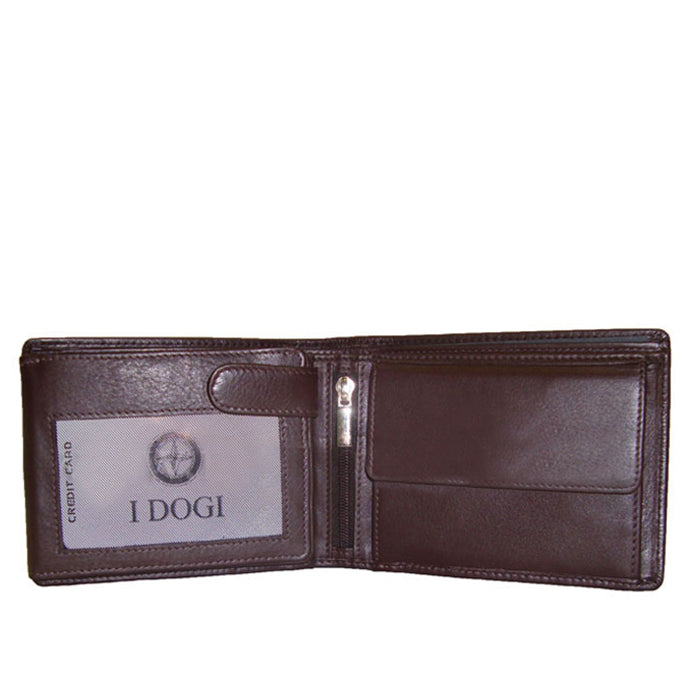 Tony Perotti Cortina 5053 moro opened — the ID window under its snap tab, a zipped pocket down the middle and the snap coin pocket on the right
