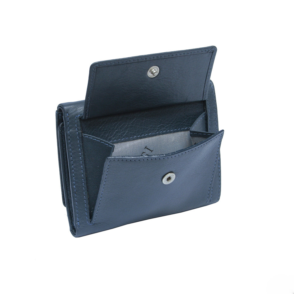 The back coin pocket of the navy Tony Perotti Cortina 5063 wallet unsnapped and spread open