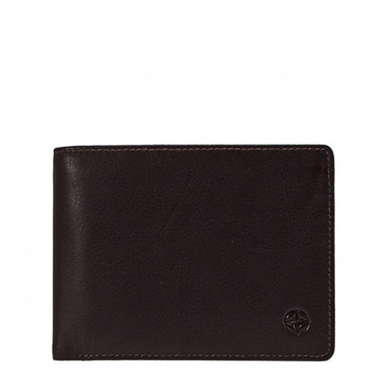 Dark brown Tony Perotti Cortina 5012 leather bifold wallet seen straight on, closed, with the embossed compass rose in the lower corner