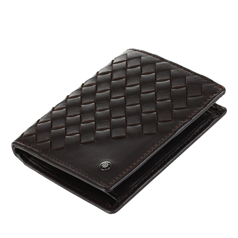 Tony Perotti Timone intrecciato 12071 moro dark brown woven leather compact wallet lying closed, angled view