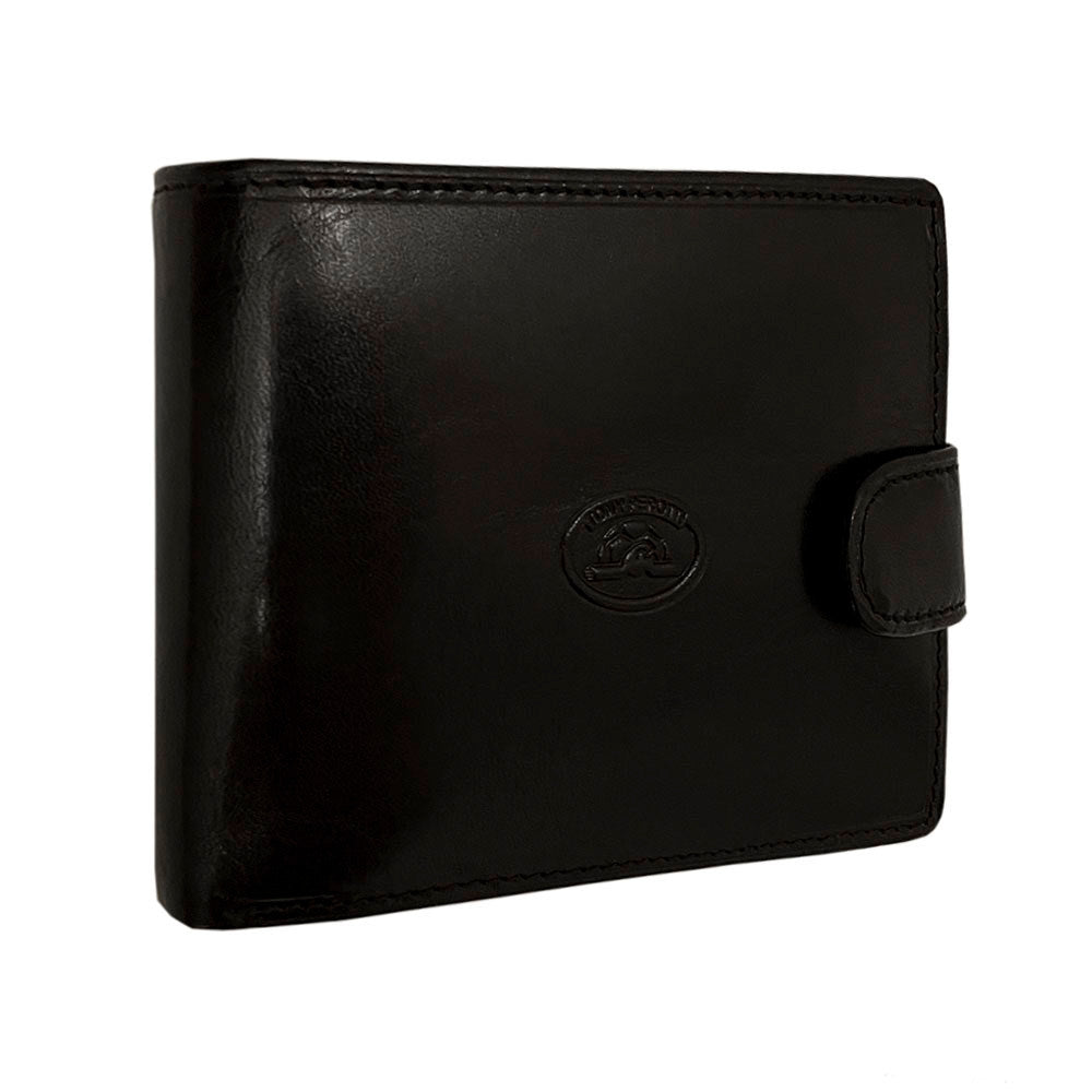 Black leather bifold wallet snap-strap closure — Tony Perotti Italico 396A-Q