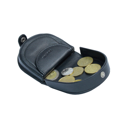 Tony Perotti Cortina 5070 opened — the body folded down into a tray with coins lying in a single layer (black colourway shown)