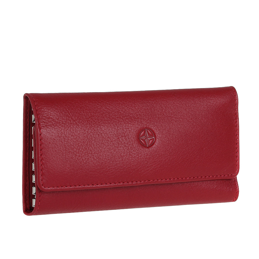 Tony Perotti Cortina 5022 rosso — three-quarter view of the closed case with the metal hook bar visible at the open side