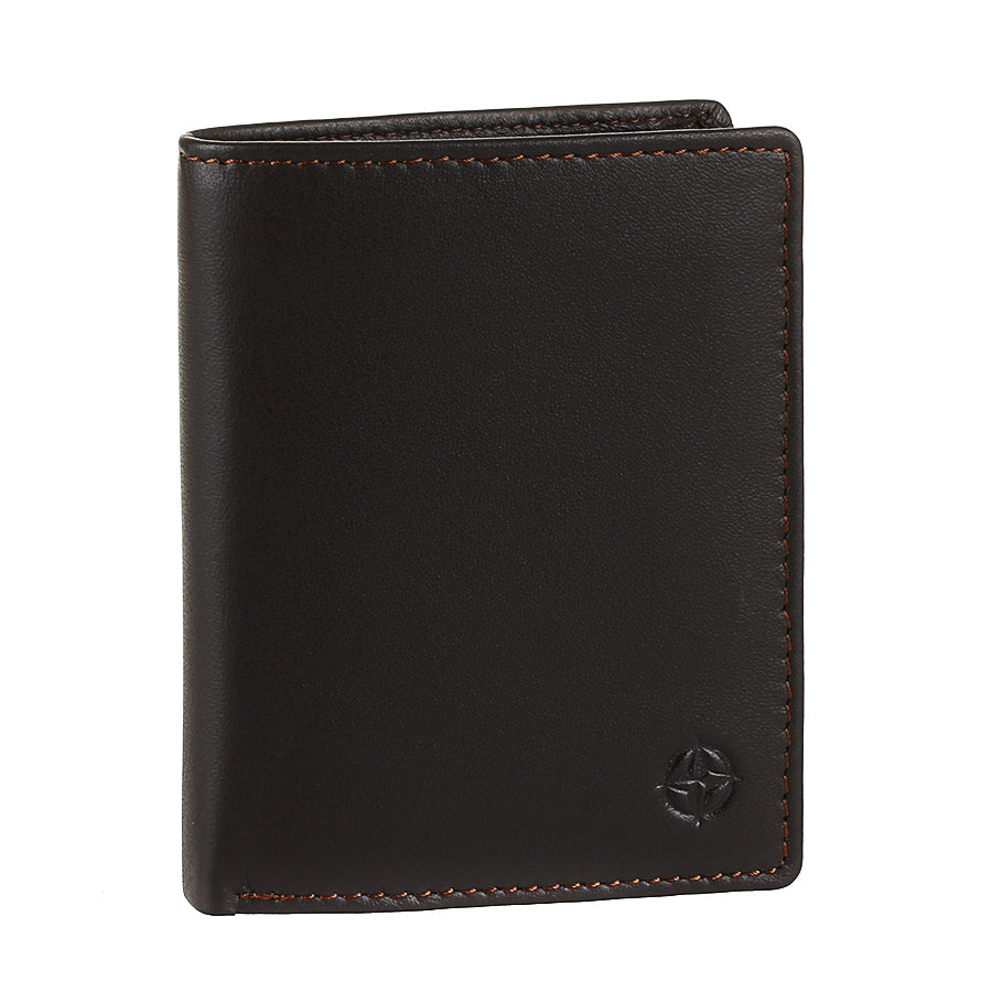 Dark brown leather card wallet Tony Perotti Cortina 5088 moro closed at an angle — vertical bifold with tonal brown stitching and the embossed compass rose