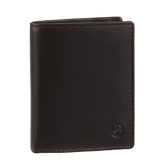 Dark brown leather card wallet Tony Perotti Cortina 5088 moro closed at an angle — vertical bifold with tonal brown stitching and the embossed compass rose
