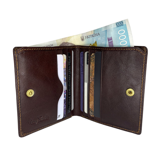 Open dark brown leather compact wallet with card slots — Tony Perotti Italico 1619