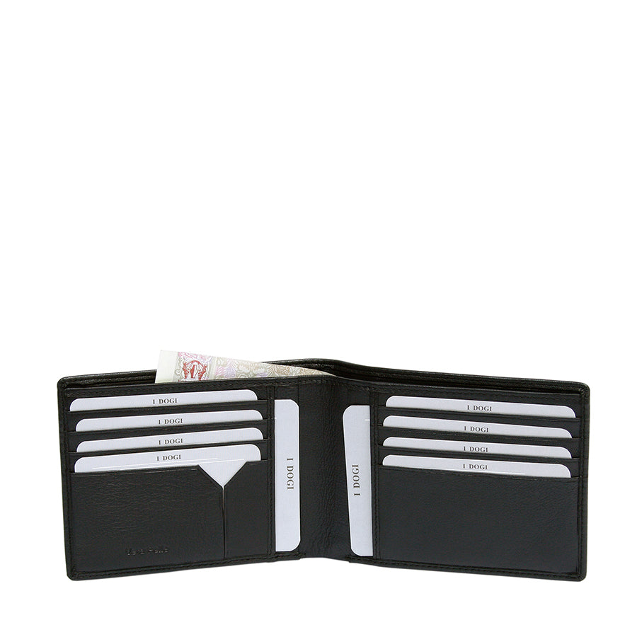 Tony Perotti Cortina 5014 nero opened — four card slots in each column, two vertical slots between them and a banknote in the compartment behind