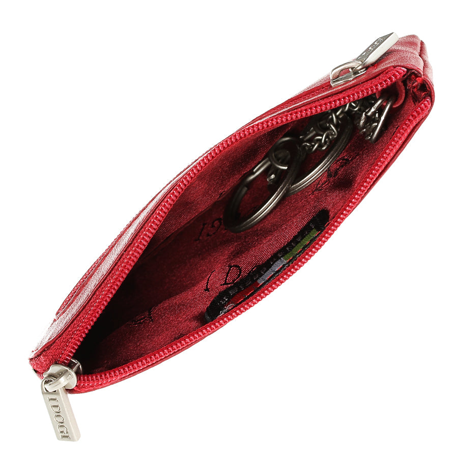 Open red leather key pouch with key rings on chains and woven I DOGI lining — Cortina 5002 rosso