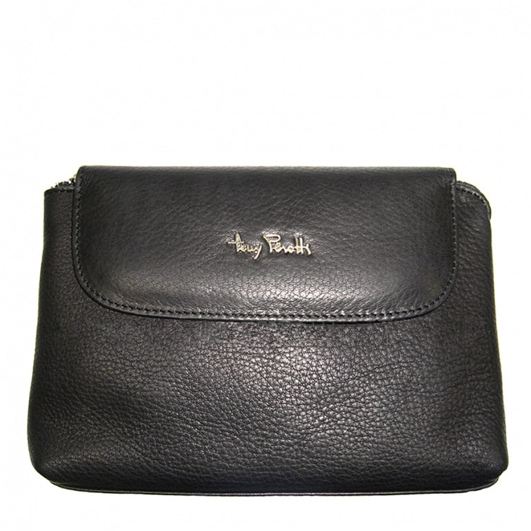 Tony Perotti Contatto 2027 nero women's black leather cosmetic bag — closed front view