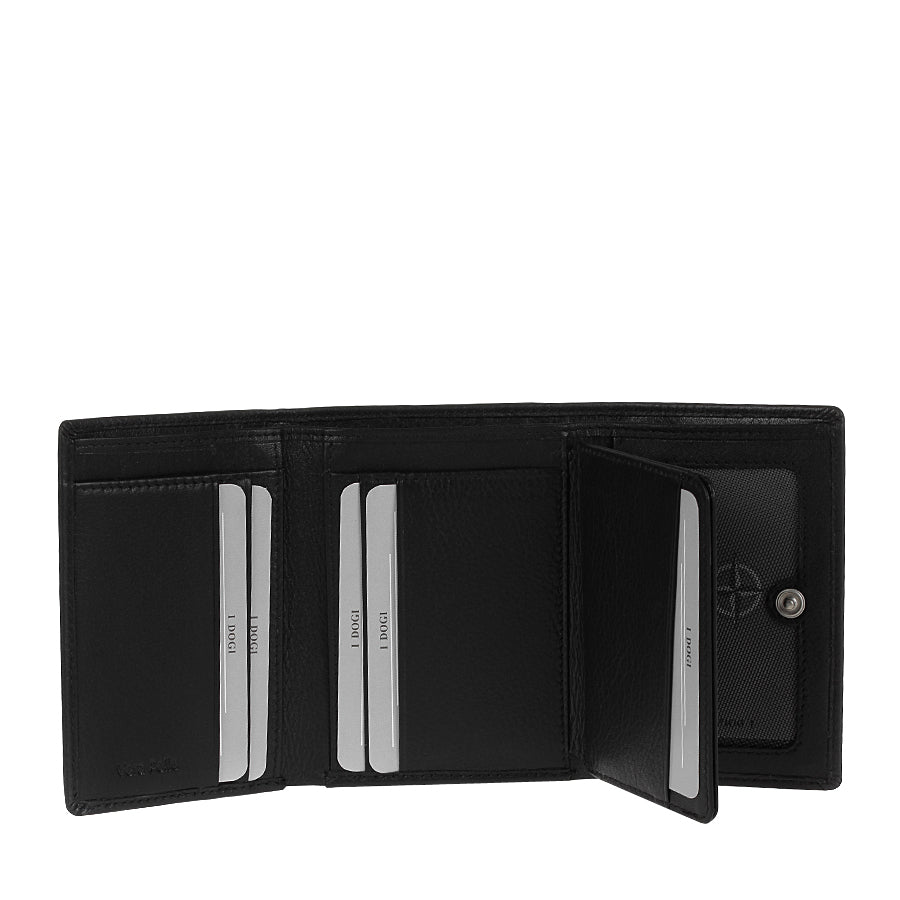 Tony Perotti Cortina 5063 nero opened wide with the window panel folded back, showing the card slots behind it