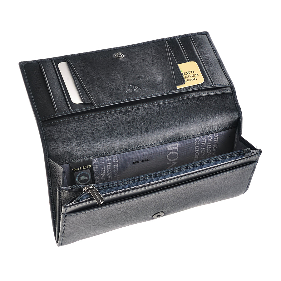 Open Tony Perotti navy leather flap wallet showing bill compartment and interior pockets