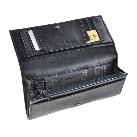 Open Tony Perotti navy leather flap wallet showing bill compartment and interior pockets