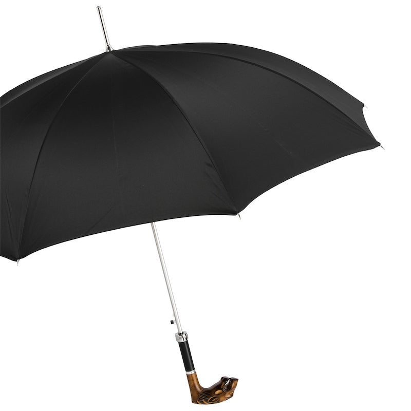 Open black umbrella from the side with silver-tone shaft and wooden tiger handle