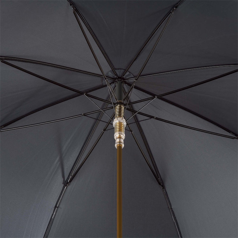 Underside of the open black canopy with eight ribs and gold-tone shaft