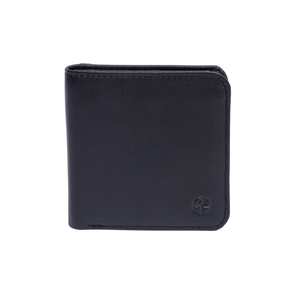 Black Tony Perotti Cortina 5019 small square bifold wallet seen straight on, closed, with the embossed compass rose in the lower corner