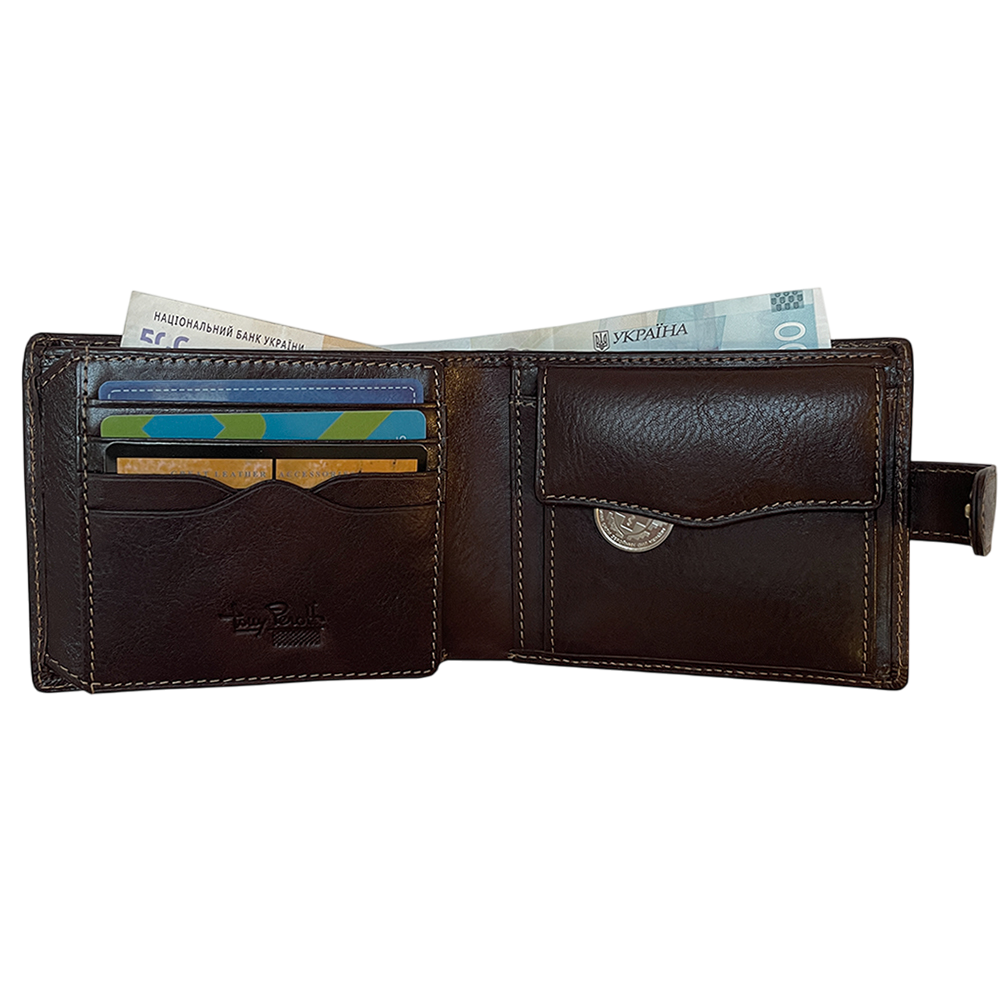Opened Tony Perotti Italico 3341A-Q moro wallet holding banknotes, 3 cards and a coin