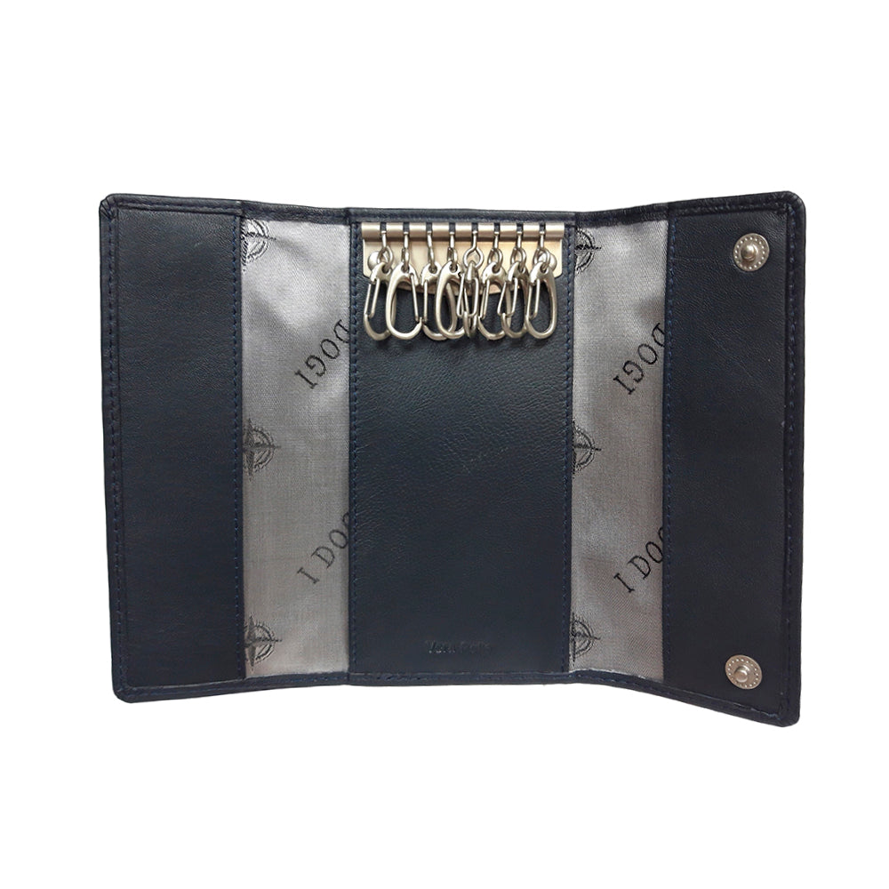 Tony Perotti Cortina 5022 navy — opened flat: eight snap hooks on the metal bar, grey «I DOGI» print side panels and two press studs