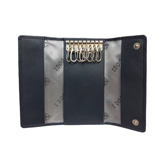Tony Perotti Cortina 5022 navy — opened flat: eight snap hooks on the metal bar, grey «I DOGI» print side panels and two press studs