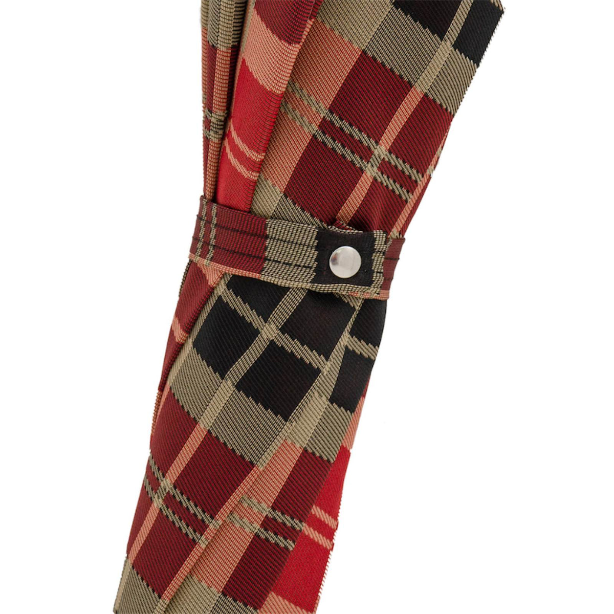 Furled canopy close-up: red, black and beige tartan and matching strap with silver-tone snap button