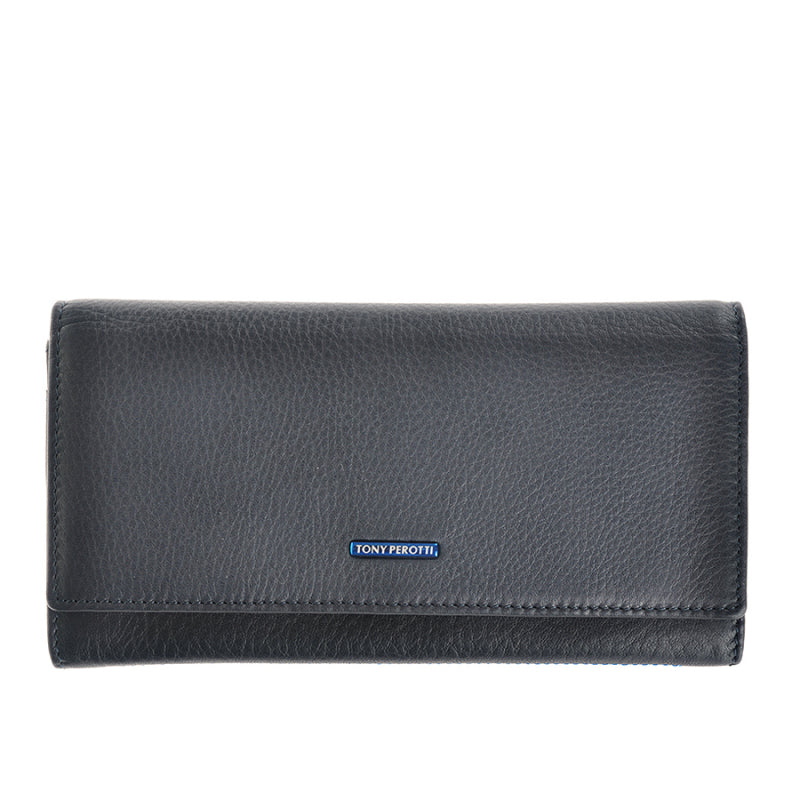 Tony Perotti New Contatto 3435 navy women's dark blue leather flap wallet — front view