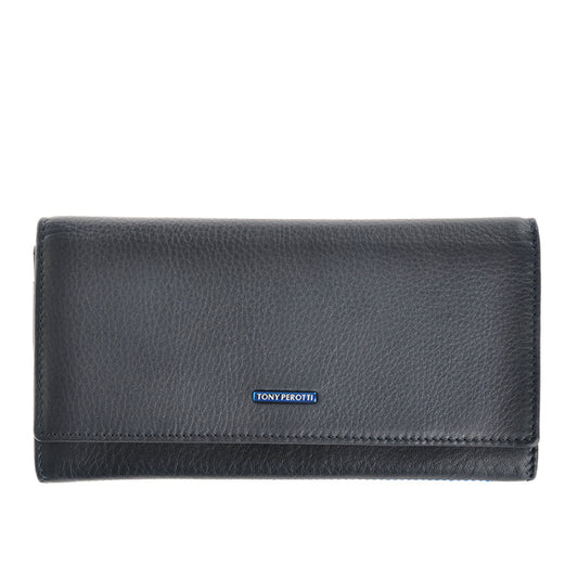 Tony Perotti New Contatto 3435 navy women's dark blue leather flap wallet — front view