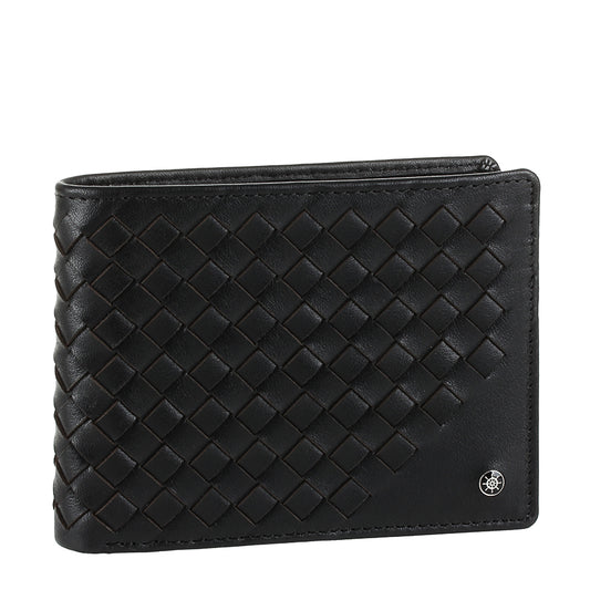 Tony Perotti Timone intrecciato 12013 nero black woven leather bifold wallet, three-quarter view