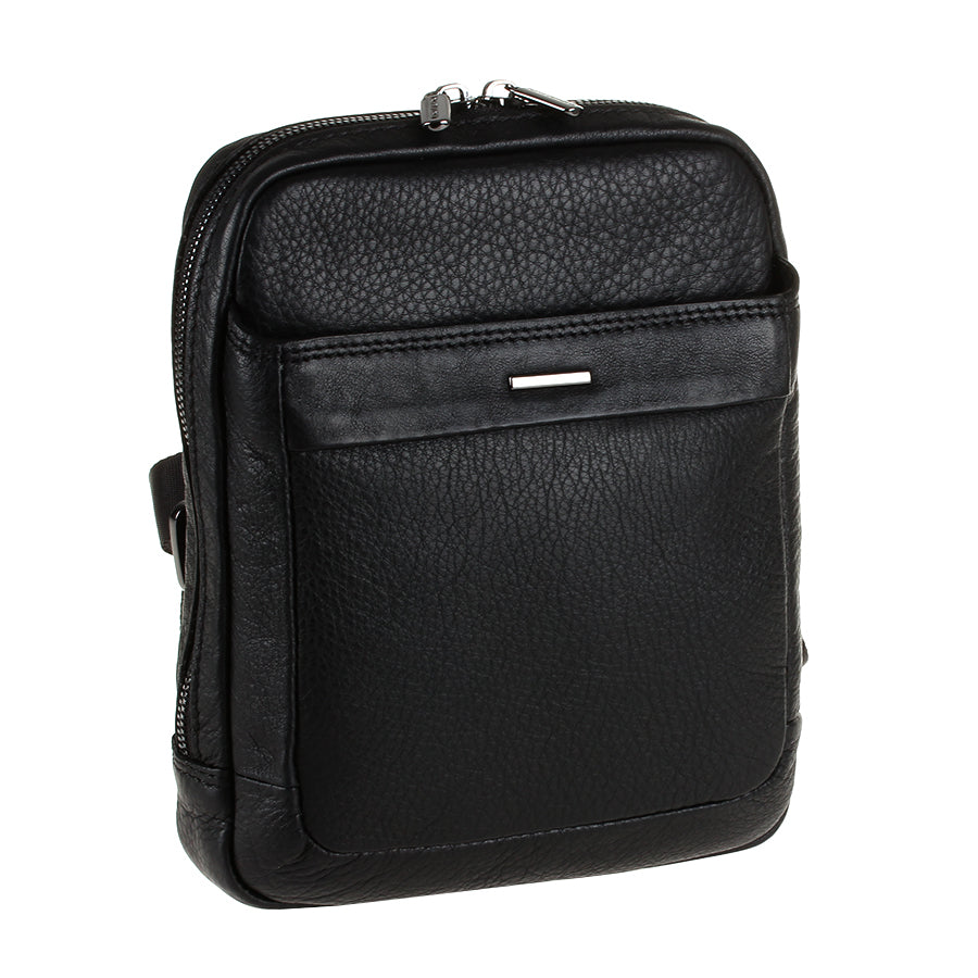 Tony Perotti New Contatto 9984-17 nero black grained leather crossbody bag, three-quarter view